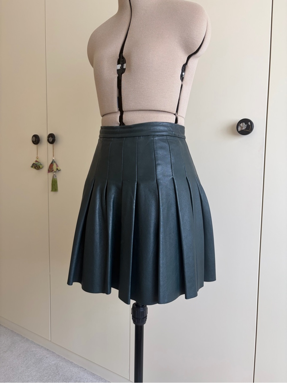 All Saints Dark Green Pleated Leather Skirt